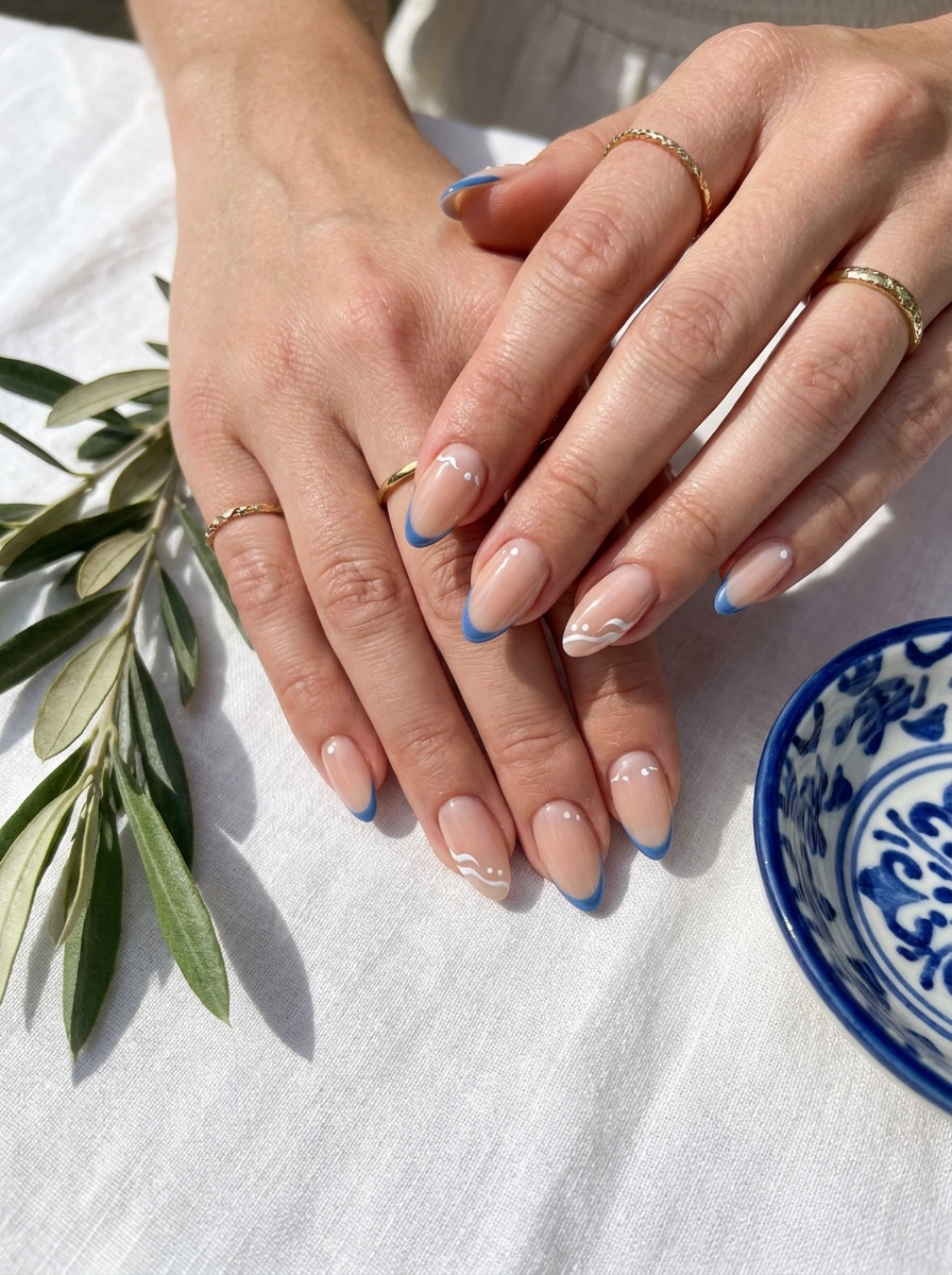 Almond Greece Nails mit eleganter Mandelform und blauen Details